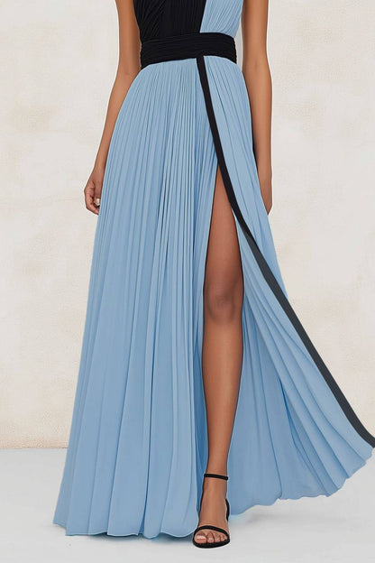 Evening Formal Dress Blue Black High Slit Pleated Floor-Length Dress