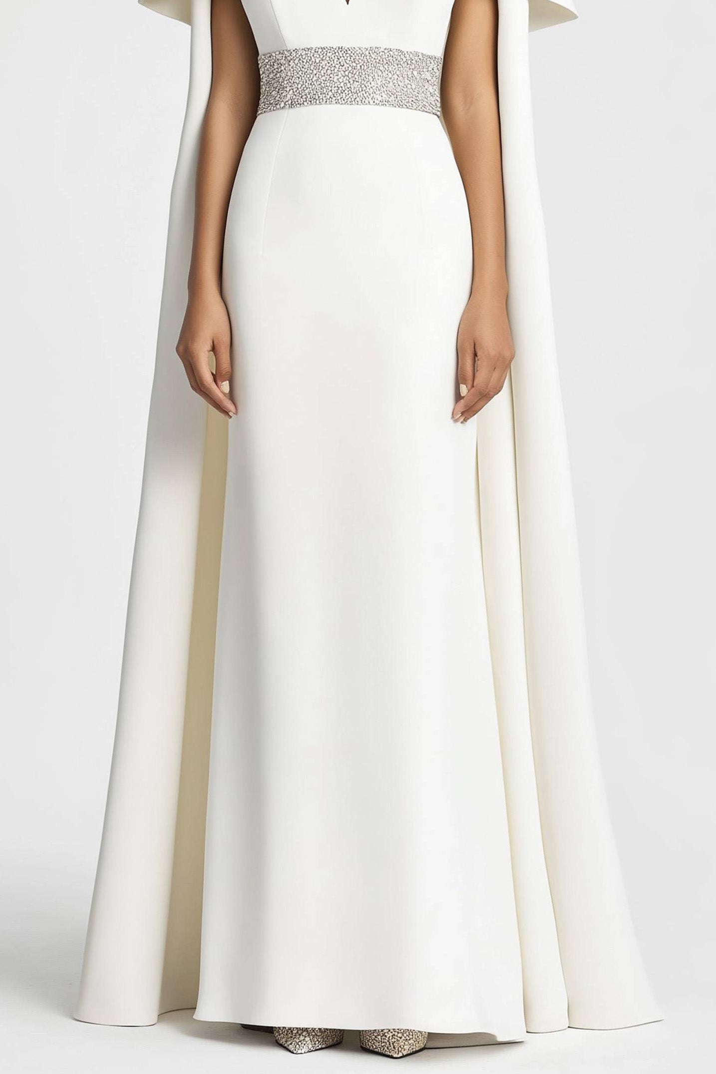 Formal Evening Dress White Deep V with Cape Rhinestone Belt Maxi Dress