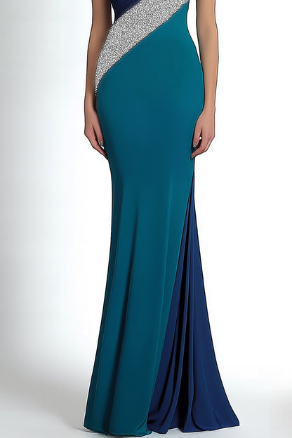 Formal Dress Blue Green One-Shoulder Silver Accented Floor-Length Gown