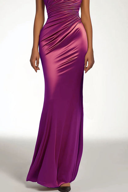 Formal Party Satin Dress Purple One-Shoulder Pleated Maxi Gown