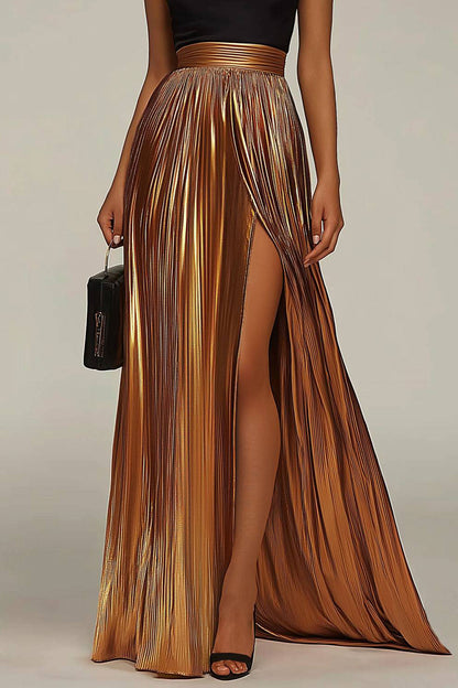 Evening Formal Dress Black-Gold Colorblock Round Neck Pleated Maxi Dress