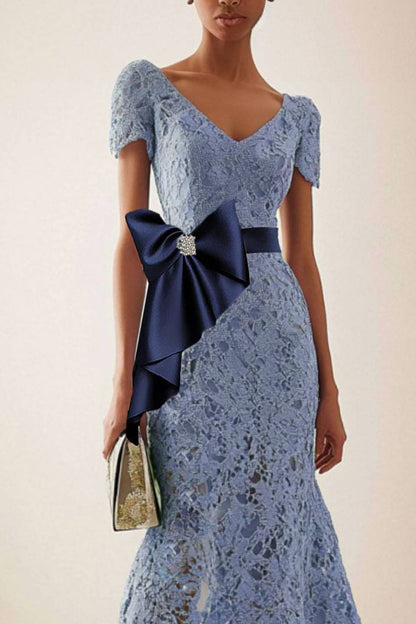 Elegant Lace Mermaid Dress Bow Midi Dress Mother of the Bride Dress