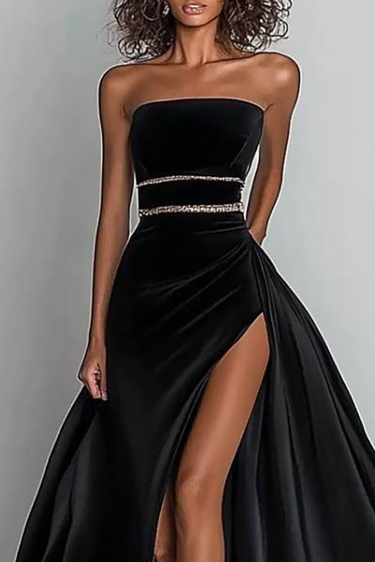 Formal Evening Satin Dress Black Strapless High Slit Floor-Length Gown