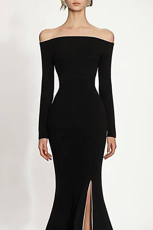 Formal Dress Black Off-Shoulder High Slit Mermaid Floor-Length Gown