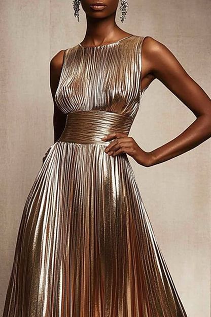 Elegant Pleated Metallic Dress Sleeveless Waisted Shiny Ball Gown Maxi Dress