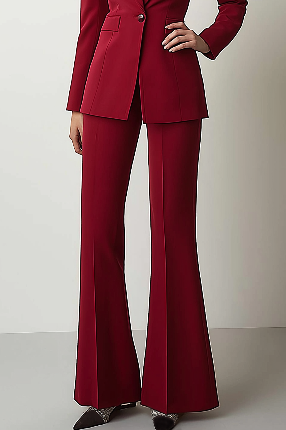 Formal Work Pants Suit Red Long Sleeve Flared Blazer Set