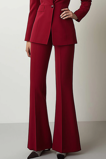 Formal Work Pants Suit Red Long Sleeve Flared Blazer Set