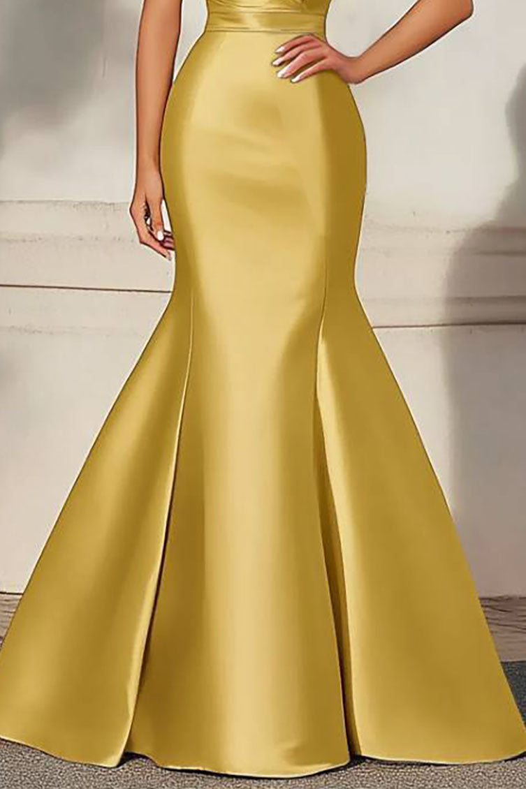 Formal Evening Dress Yellow Satin Deep V Mermaid Floor-Length Gown