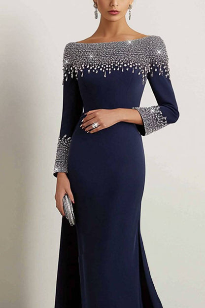 Elegant Mermaid Dress Navy Boat Neck Rhinestone Maxi Dress Mother of the Bride Dress
