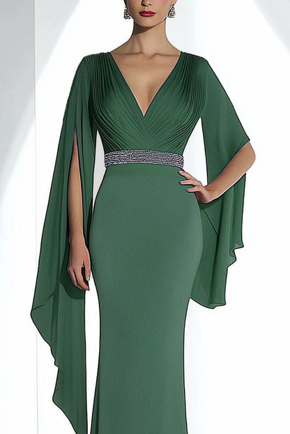 Elegant Green Dress Deep V-Neck Draped Cape Sleeve Long Dress Mother of the Bride Dress