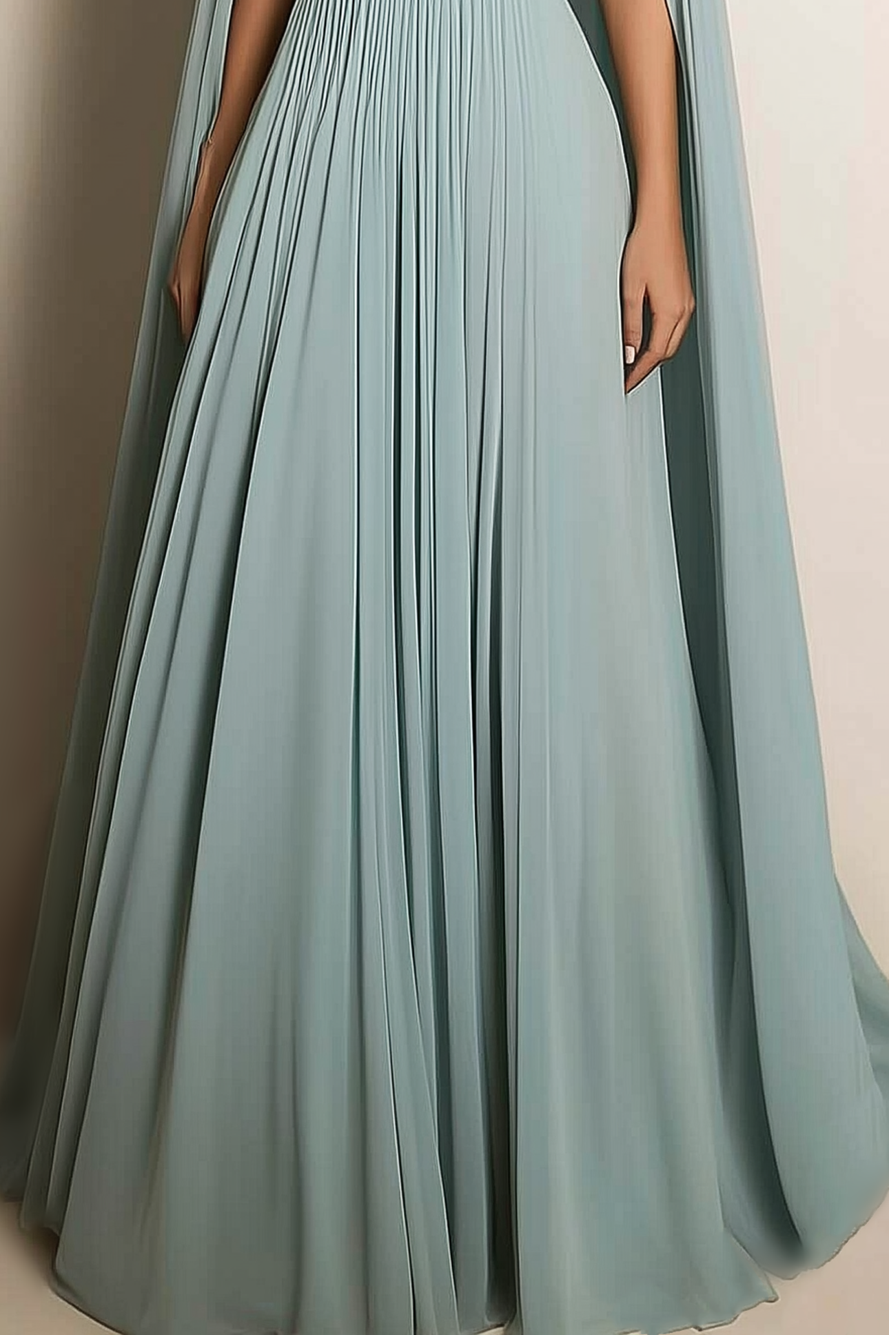 Formal Evening Dress Sage Green V-Neck Pleated Cape Floor-Length Gown