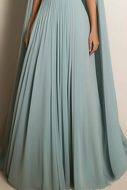 Formal Evening Dress Sage Green V-Neck Pleated Cape Floor-Length Gown