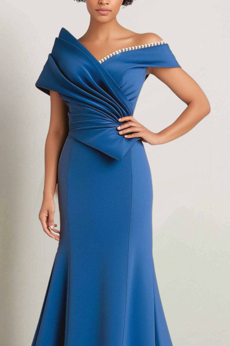 Evening Off-Shoulder Dress Pearl Trim Draped Design Dress Mother of the Bride Dress