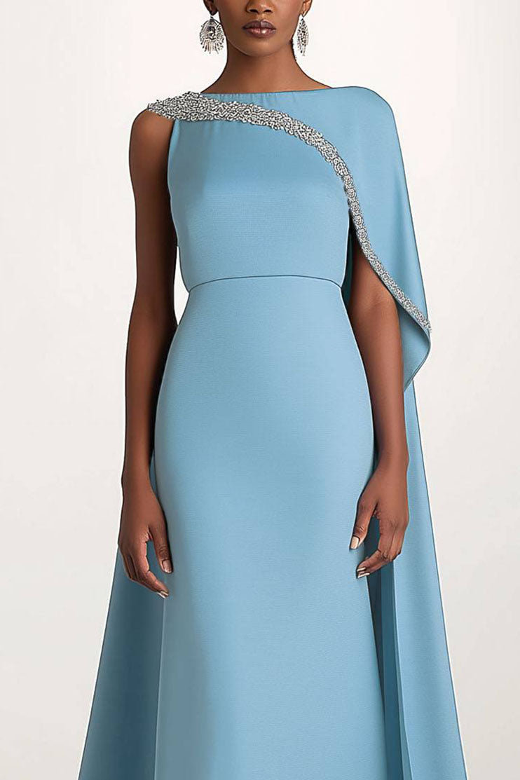 Elegant Evening One-Shoulder Dress Rhinestone Decorated Cape Asymmetrical Dress Mother of the Bride Dress
