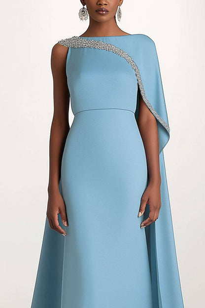Elegant Evening One-Shoulder Dress Rhinestone Decorated Cape Asymmetrical Dress Mother of the Bride Dress