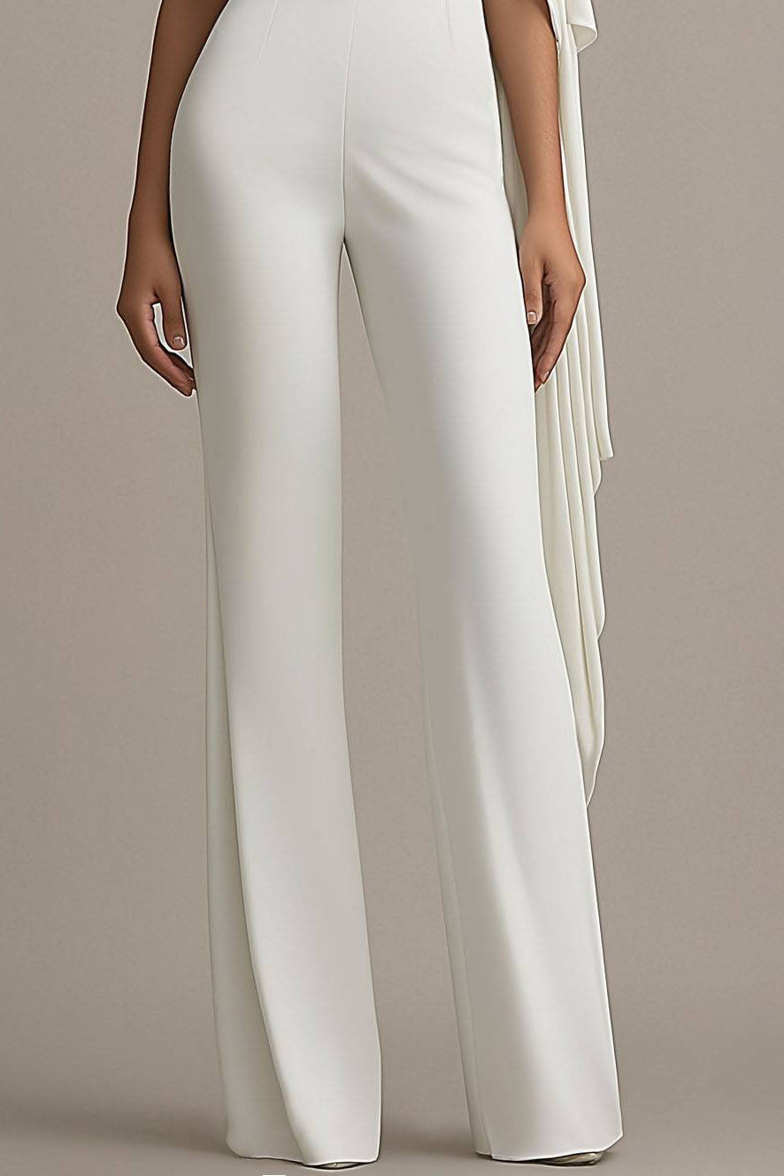 Formal Off-Shoulder White Draped Wide-Leg Jumpsuit