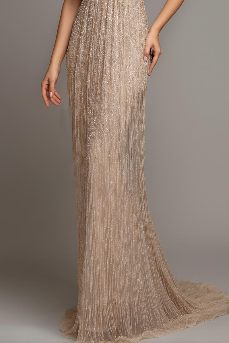 Evening Formal Gown Champagne Sequin Cross Neck Floor-Length Dress