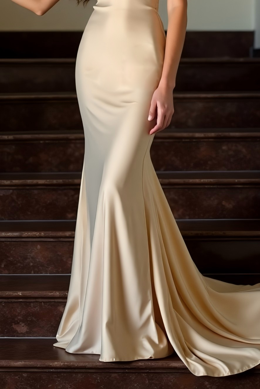 Evening Formal Gown Apricot Spaghetti Strap Cross Neck Satin Train Dress