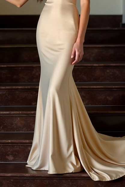 Evening Formal Gown Apricot Spaghetti Strap Cross Neck Satin Train Dress