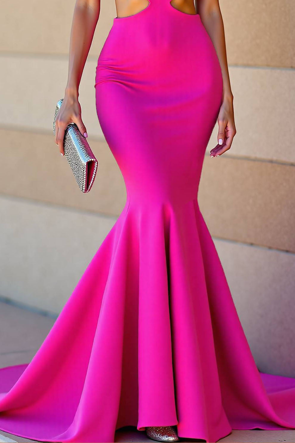 Evening Party Gown Fuchsia Deep V Cutout Mermaid Floor-Length Dress