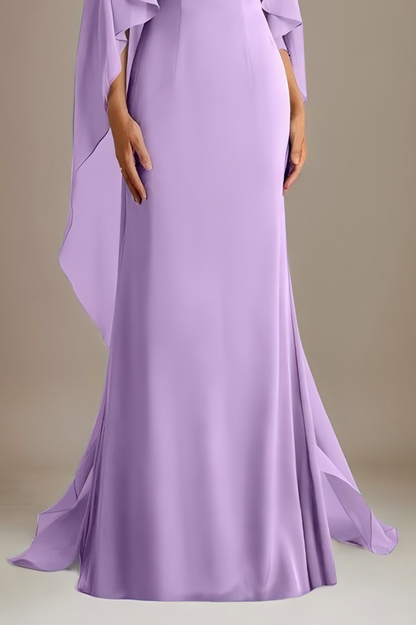 Formal Evening Dress Purple Round Neck Cape Chiffon Floor-Length Gown