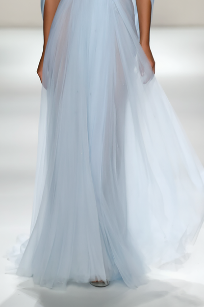 Evening Formal Dress Light Blue Mesh Sequin Floor-Length Gown