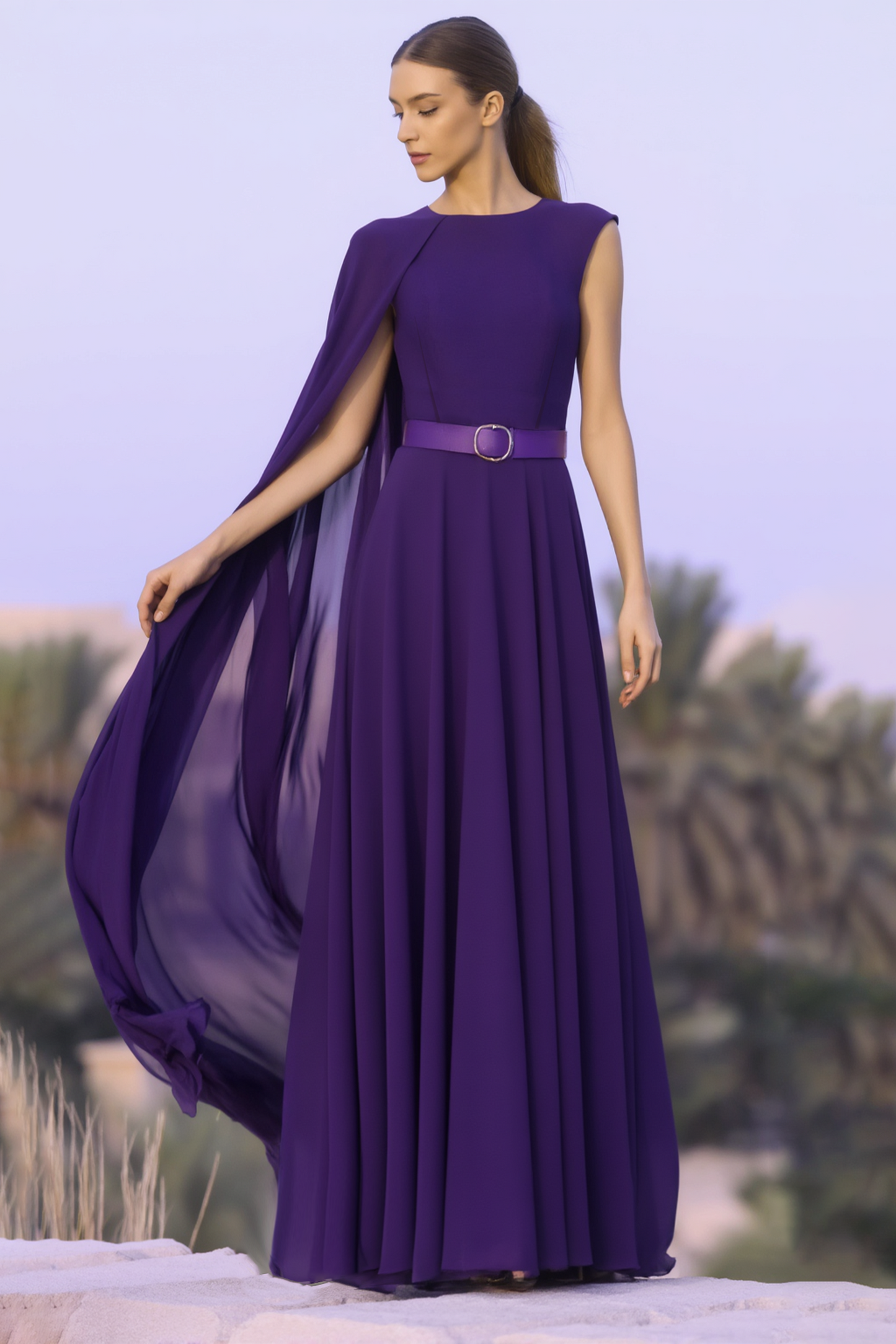 Evening Formal Cape Dress Purple Crew Neck Belted Floor-Length Dress
