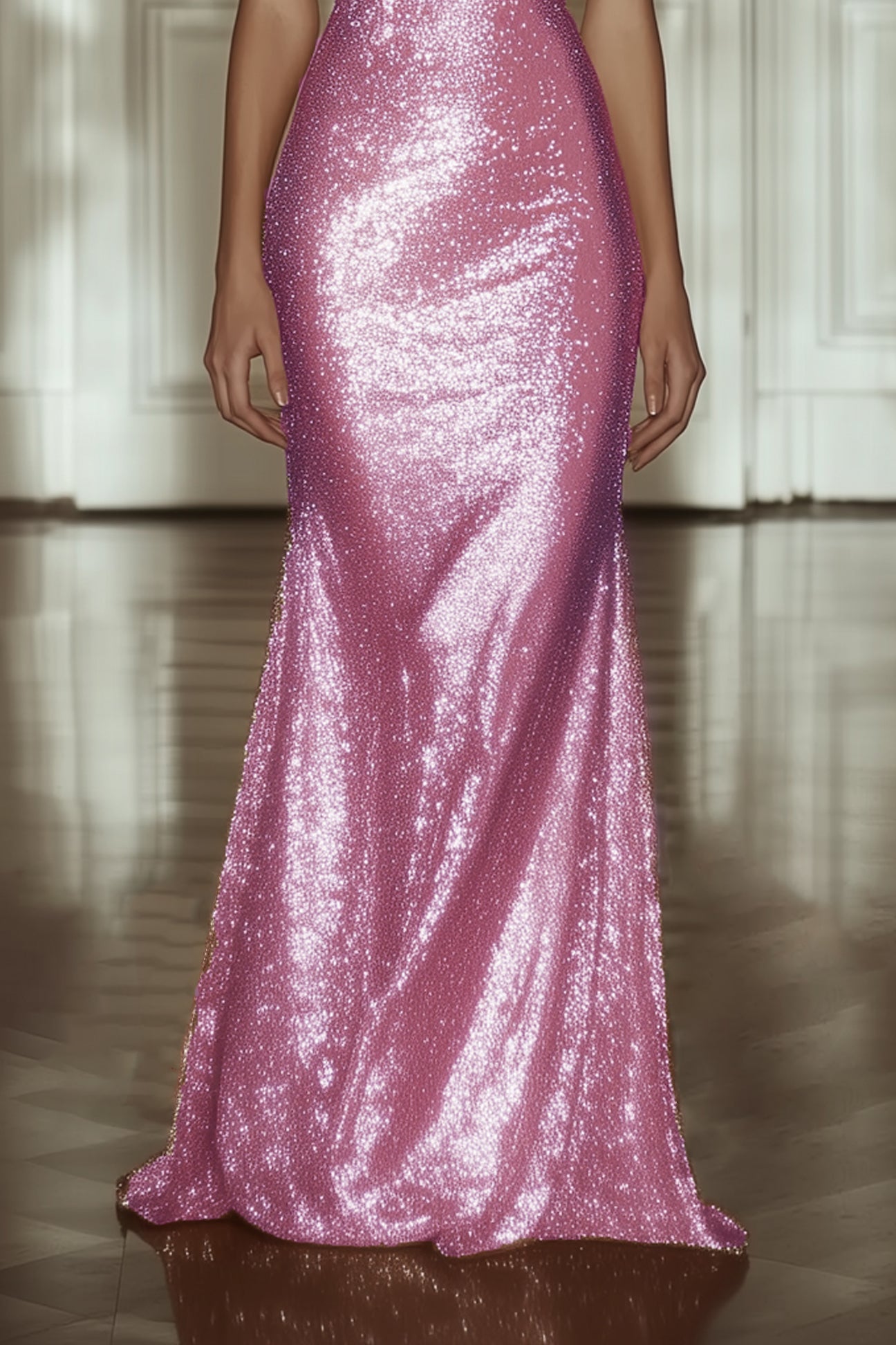Evening Formal Sequin Dress Pink Deep V Sleeveless Floor-Length Gown