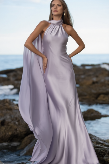 Formal Satin Dress Purple Cape Halter Neck Floor-Length Dress
