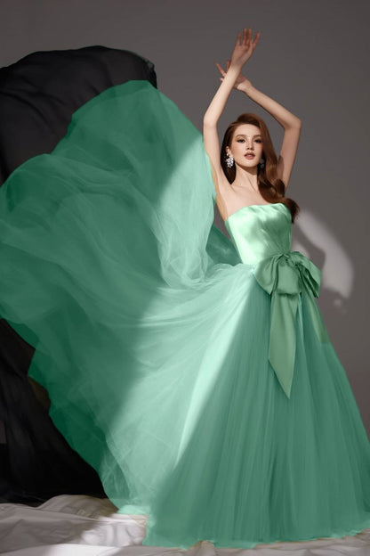 Evening Swing Satin Dress Green Strapless Mesh Floor-Length Dress
