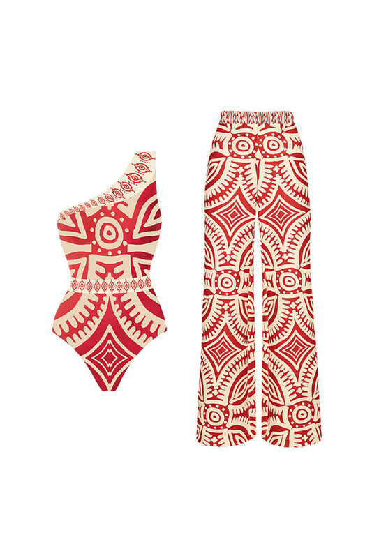 Ethnic Style Off-Shoulder One-Piece Swimsuit and Beach Pants Set