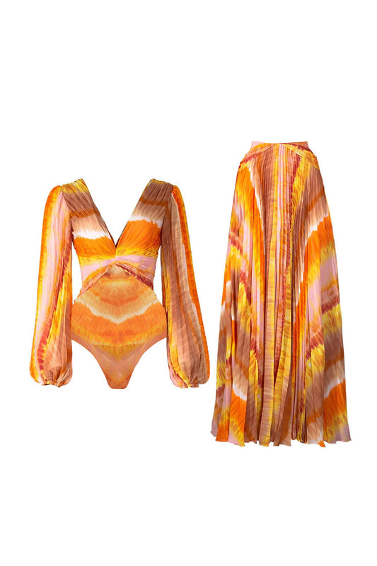 Deep V-Neck Yellow Long-Sleeved Printed One-Piece Swimsuit and Cover-Up