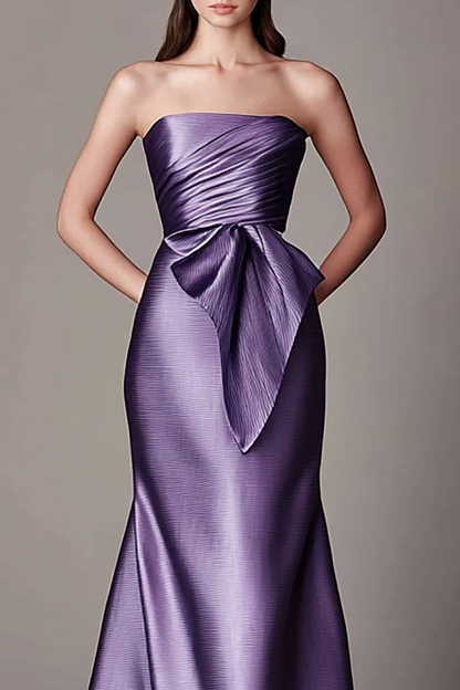 Evening Bandeau Dress Draped Ruched Bust Purple Maxi Dress