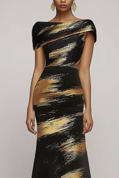 Evening Black Gold Dress Print Asymmetric Off-Shoulder Slim Dress