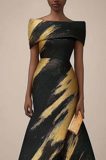 Formal Dress Black and Gold Print Off-Shoulder Midi Dress