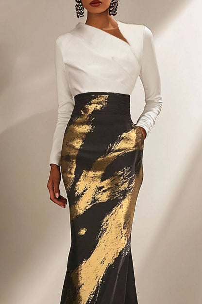 Evening Contrast Dress Slanted Collar and Long Sleeves Black Gold Maxi Dress