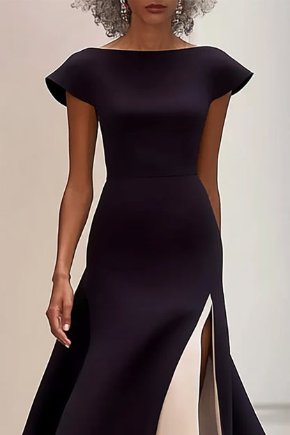 Elegant Slit Dress Cap Sleeve Black White Color Block Maxi Dress