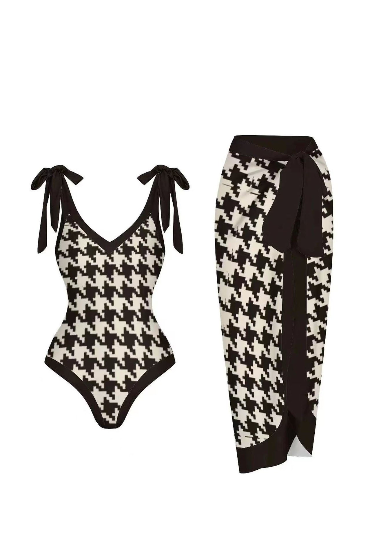 3D Black and White Houndstooth V-Neck One Piece Swimsuit and Cover-Up