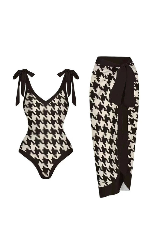 3D Black and White Houndstooth V-Neck One Piece Swimsuit and Cover-Up