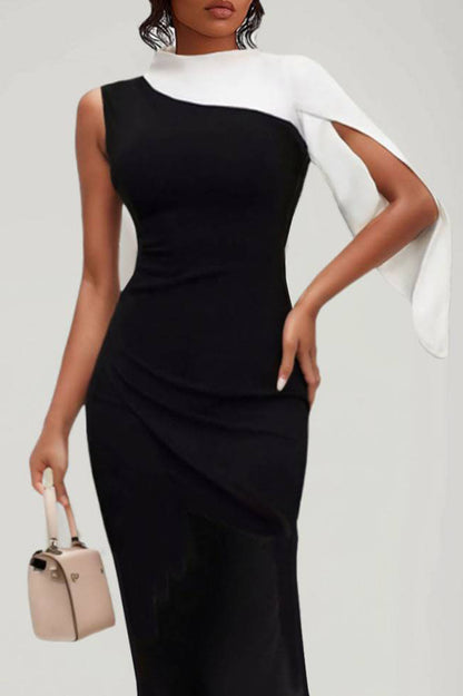 Evening Design Dress Color-Block One-Shoulder Slit Sleeve Waist Pleated Maxi Dress