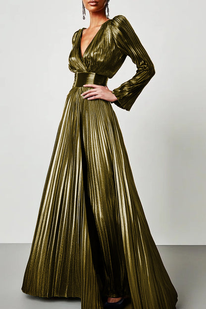 Evening Formal Dress Metallic Brown V-Neck Long Sleeve Pleated Maxi Dress