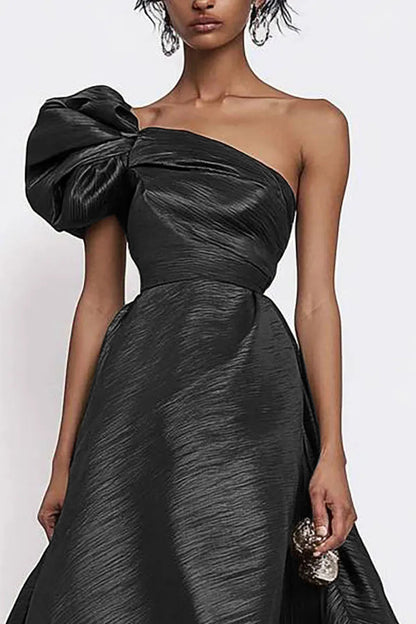 Elegant Prom One-Shoulder Dress Bow Accent Black Midi Dress