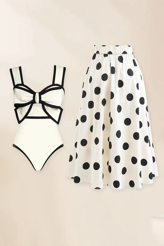 3D Bow White Black Polka Dot One-Piece Swimsuit and Skirt Set