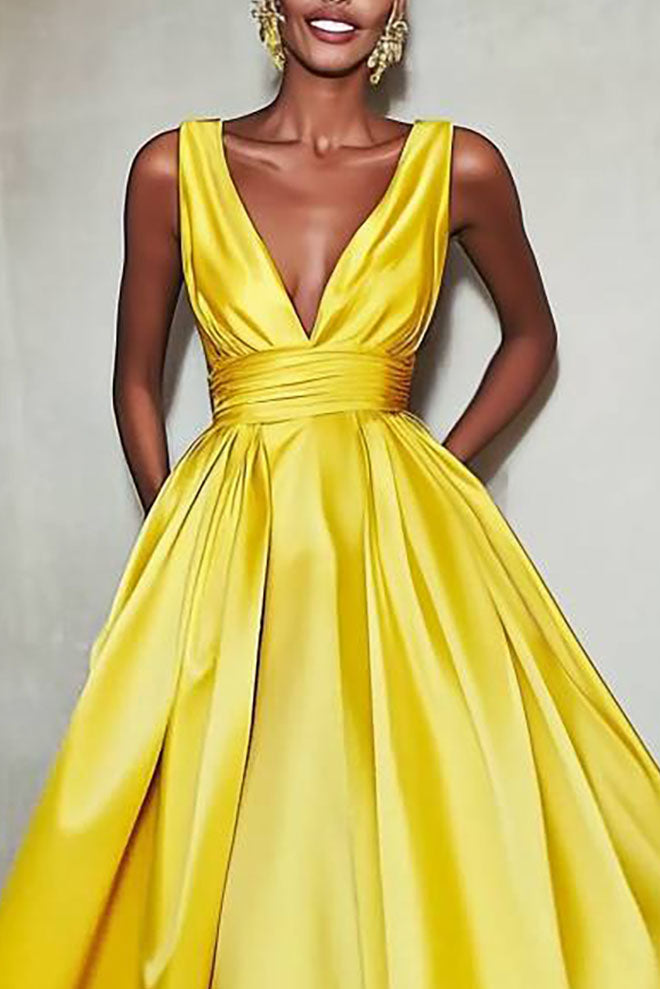Evening Party Dress Strapless Deep V-Neck Ball Gown Maxi Dress