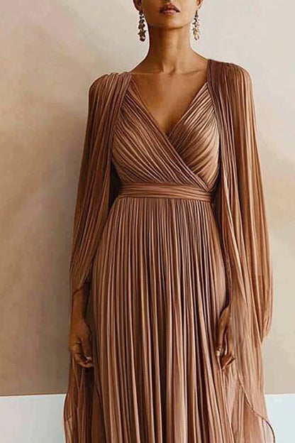 Evening Party Dress Pleated V-Neck Cape Maxi Dress
