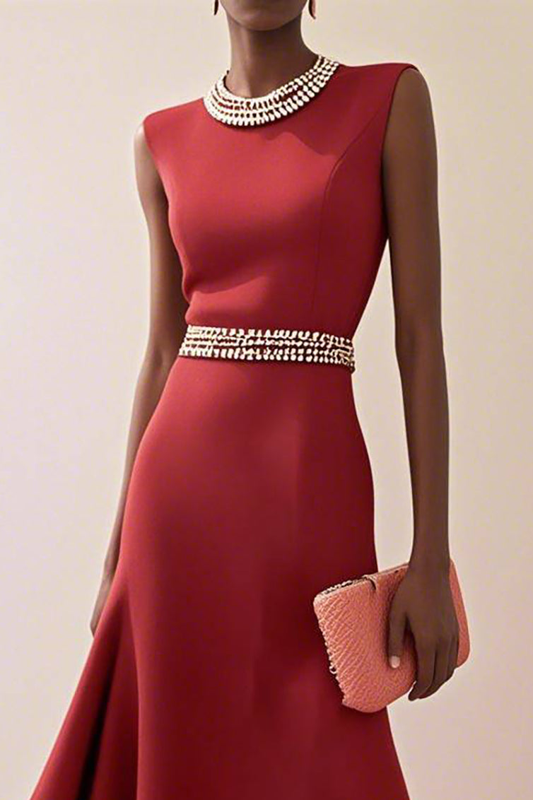 Formal Evening Dress Mermaid Sleeveless Rhinestone Decorated Midi Dress