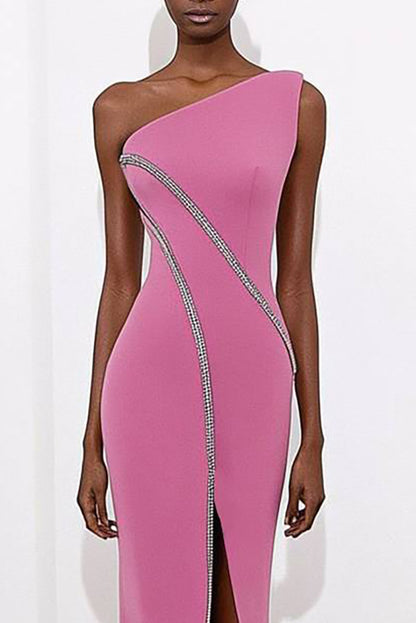 Evening Party Dress One Shoulder lines Decoration High Slit Maxi Dress