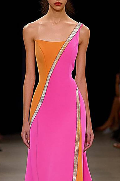 Evening Party Dress One Shoulder lines Decoration Color-Block Mermaid Maxi Dress