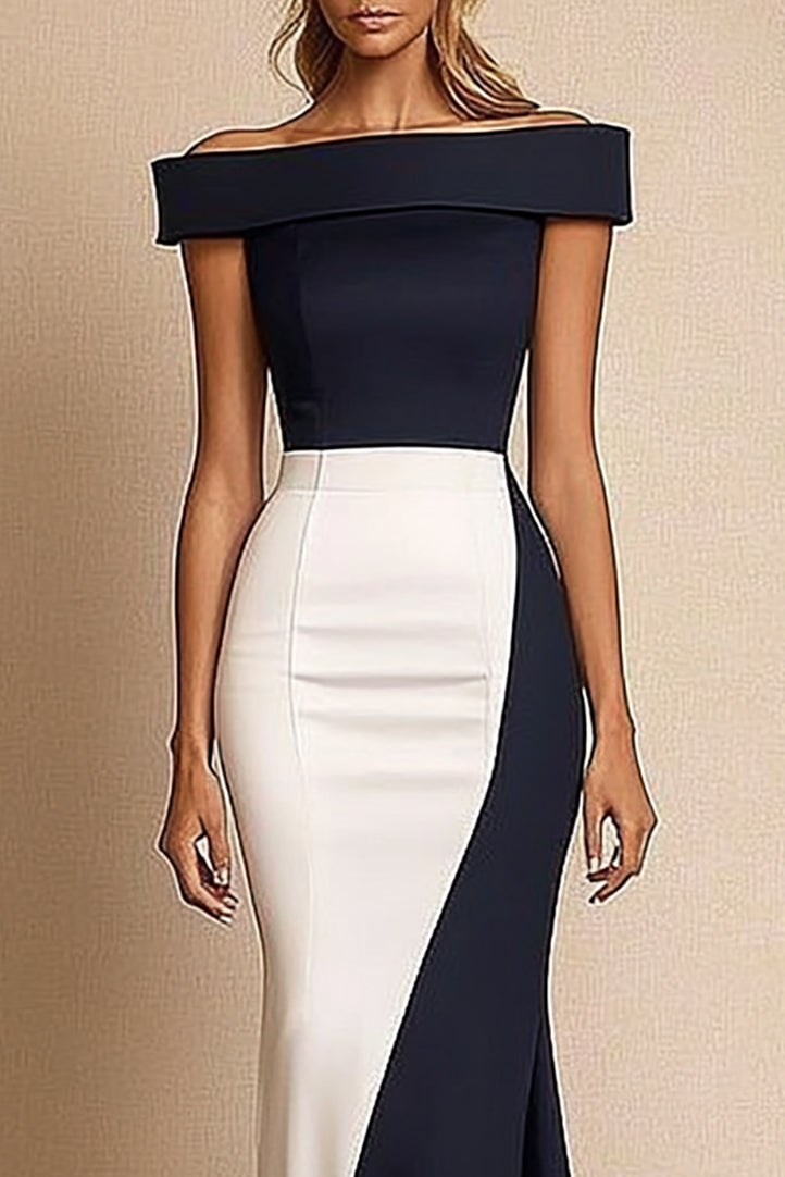 Formal Evening Dress Color-Block Off-Shoulder Slim Midi Dress