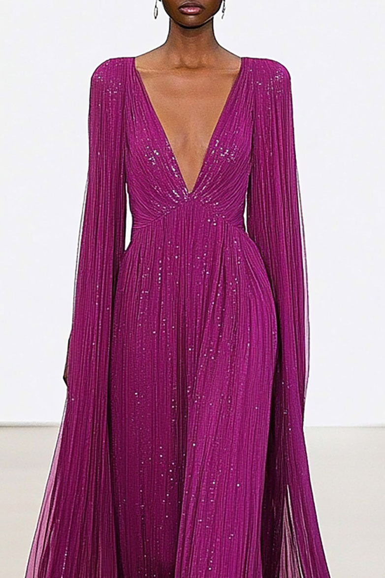 Formal Evening Dress Mesh Deep V Sequin Cape Floor-Length Dress